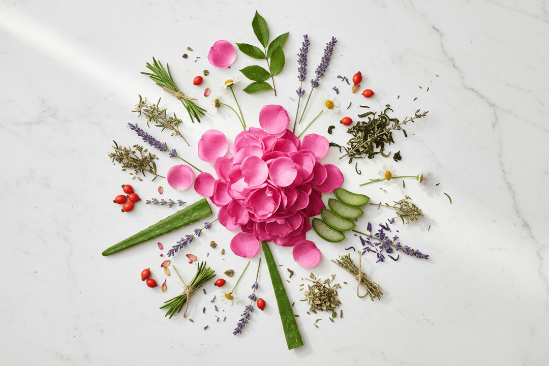 herbs and flowers arranged in a circle